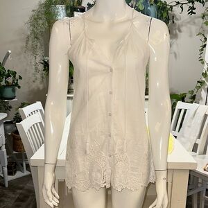 solitaire small Elegant button down boho romantic halter White Lace Trim Top